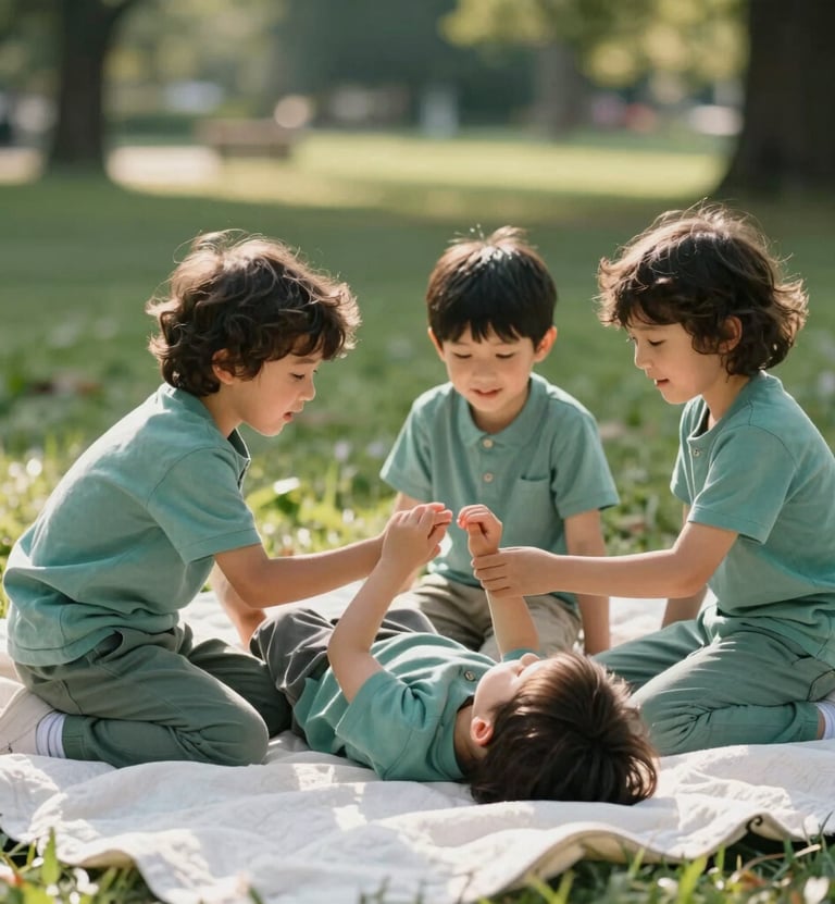 Lifestyle photography of children playing on a soft white blanket in a sun-drenched park. The kids are wearing soft teal green outfits and interacting authentically, captured in a candid, cinematic style.