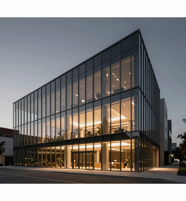 A wide-angle, dusk shot of a modern architectural structure with floor-to-ceiling glass and sharp geometric lines. The interior warm lighting contrasts with the deep #2F2E2E tones of the evening sky. Professional, elegant composition.