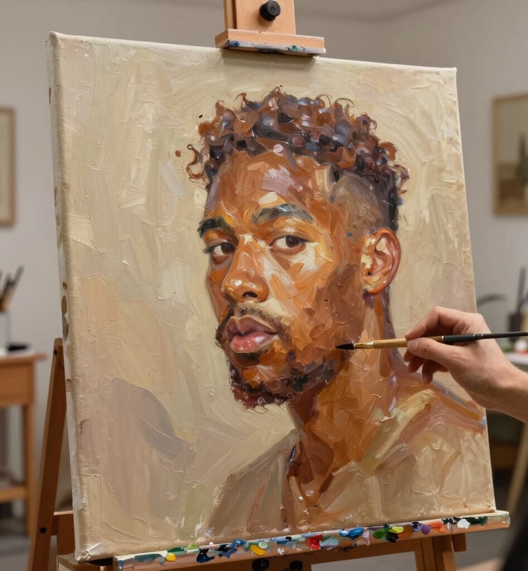 A detailed photography shot of a vibrant oil painting in progress on a canvas, showing rich textures and artistic brushwork, set in a clean North American home studio, professional lighting, using a palette of warm tan and light beige.
