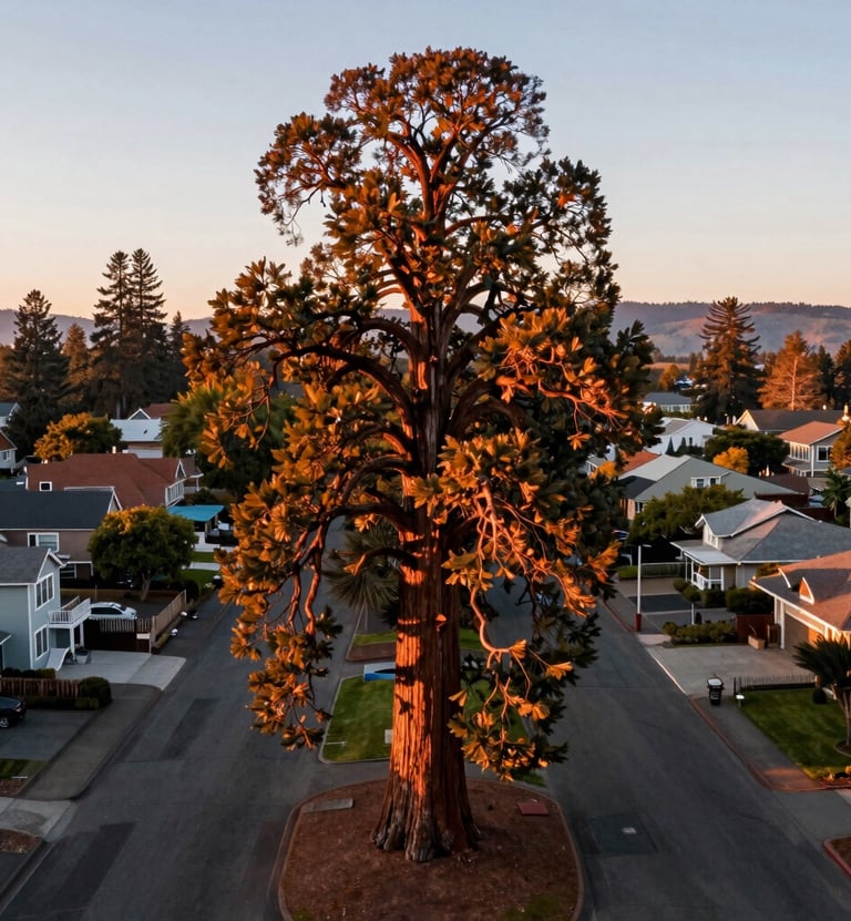 A professional aerial photograph of a giant sequoia in the South Hills of Eugene, Oregon at sunset. The tree's foliage is illuminated in warm copper tones, standing tall above a quiet residential street. US Pacific Northwest setting.