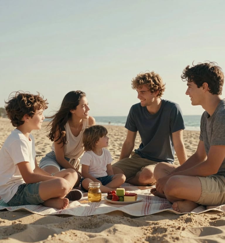 Photography of a young family sitting on a sand-colored blanket during a picnic. They are interacting naturally, bathed in warm sunlight. Authentic smiles, cinematic style, European / French aesthetic.