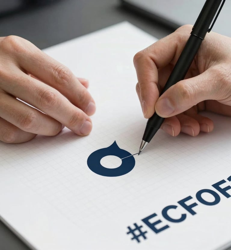 A close-up photograph of a professional graphic designer sketching minimalist logo concepts on high-quality white grid paper using a black technical pen. The scene uses soft studio lighting and incorporates the brand colors #0A1118 and #ECF0F1 in the tools and paper, reflecting meticulous craftsmanship.
