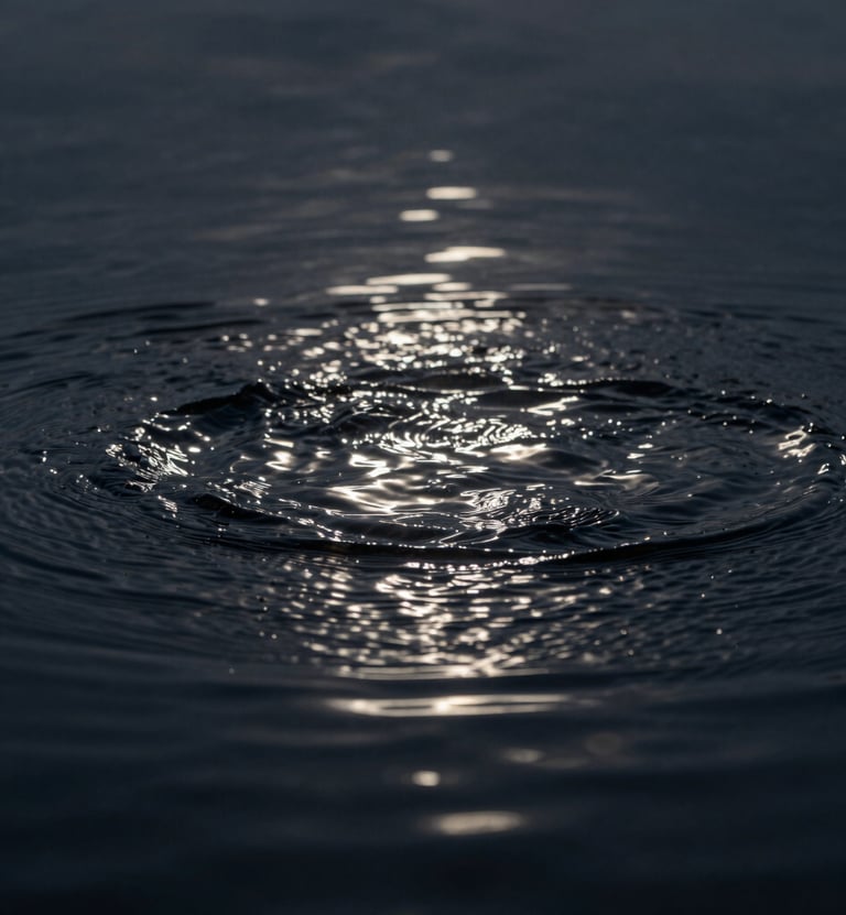 Macro photography of ripples in dark water, highlighting reflections of arctic mist and dusty steel light, deep obsidian depth, minimalist composition.