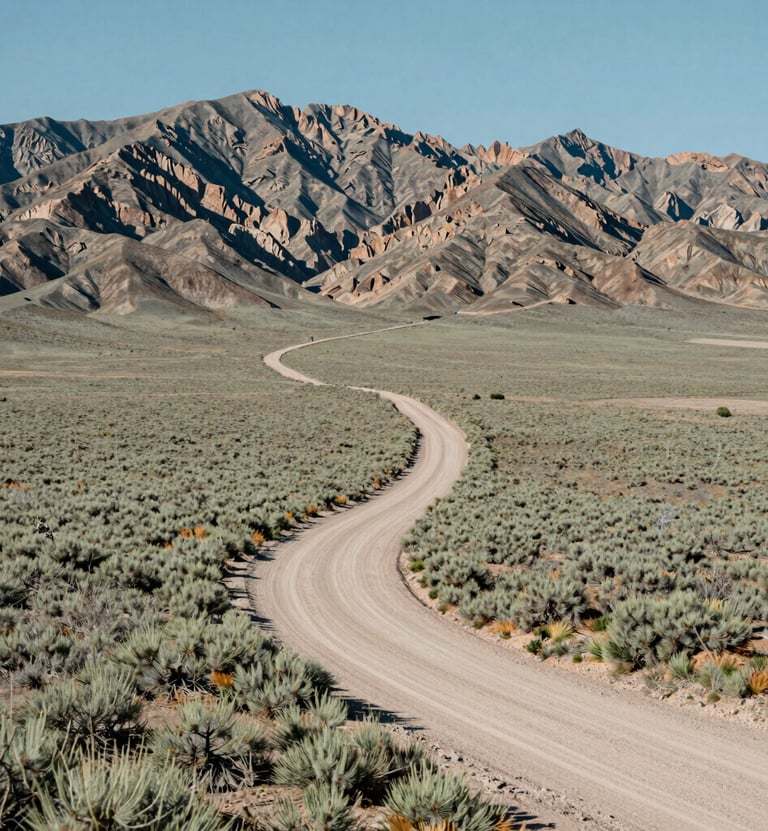 A high-angle landscape photograph of the arid plains in Northeast Nevada. The composition features a lone dirt road winding through sagebrush toward distant, jagged hills. The lighting is the crisp, clear sun of midday, emphasizing the vastness and rugged elegance of the region. Colors include muted sage green and light sand tan. North American / US - Northeast Nevada.