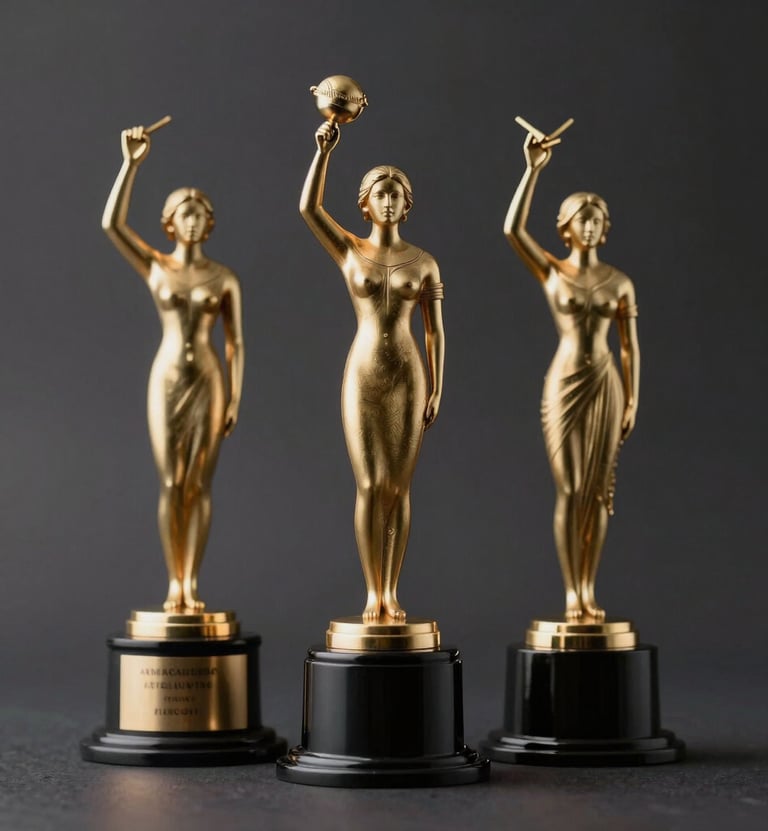 A clean, studio shot of three different film awards grouped together on a dark surface (#1A1C20). The lighting is soft and elegant, highlighting the metallic textures of #A88B57 and #D4C1A5.