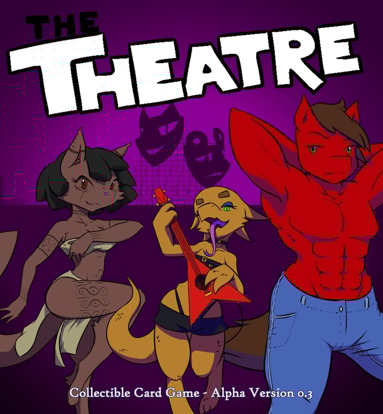 a cartoonish poster of three anthropomorphic characters in front of a silhouette of theatre masks