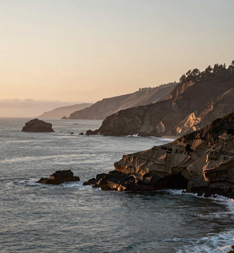 A peaceful landscape photograph of the Oregon coast during sunset, with muted slate blue water and earthy taupe cliffs under a soft beige sky.