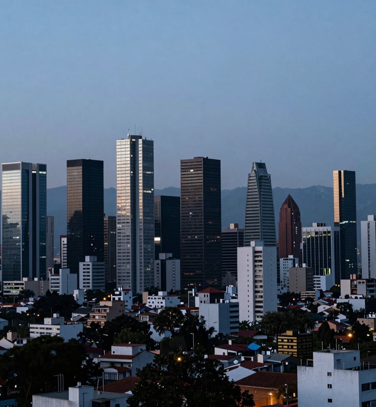 A cinematic landscape shot of a modern Latin American / Hispanic city skyline at blue hour, featuring soft blue-grey and dark charcoal blue tones, captured with a professional wide-angle lens.