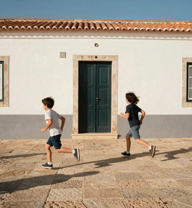 Spontaneous shot of children running across a sun-bleached patio in a European Portuguese coastal village. The background features white-washed walls and a deep charcoal door. Vivid, warm light and joyful atmosphere.