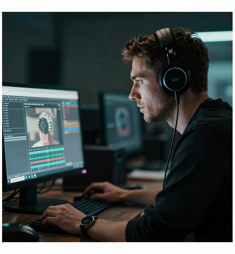 Cinematic side-view of a professional film director wearing headphones, intensely focused on a glowing 4K monitor. The lighting is moody with hints of #415A77 in the shadows and sharp highlights on the gear, reflecting a high-end production environment.