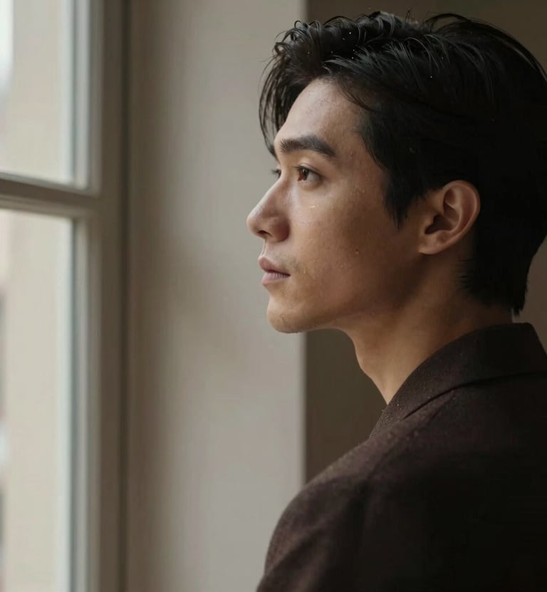 Profile shot of a person looking thoughtfully out a window, soft natural lighting, elegant and aspirational mood, palette of dark brown and beige.