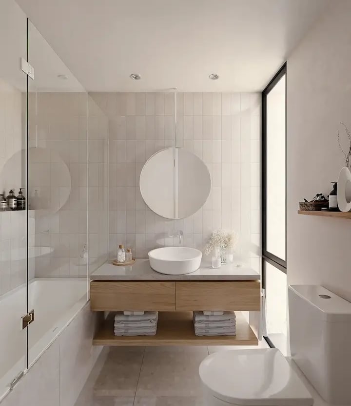 Diseño de baño, minimalismo moderno. Luminoso y sobrio.