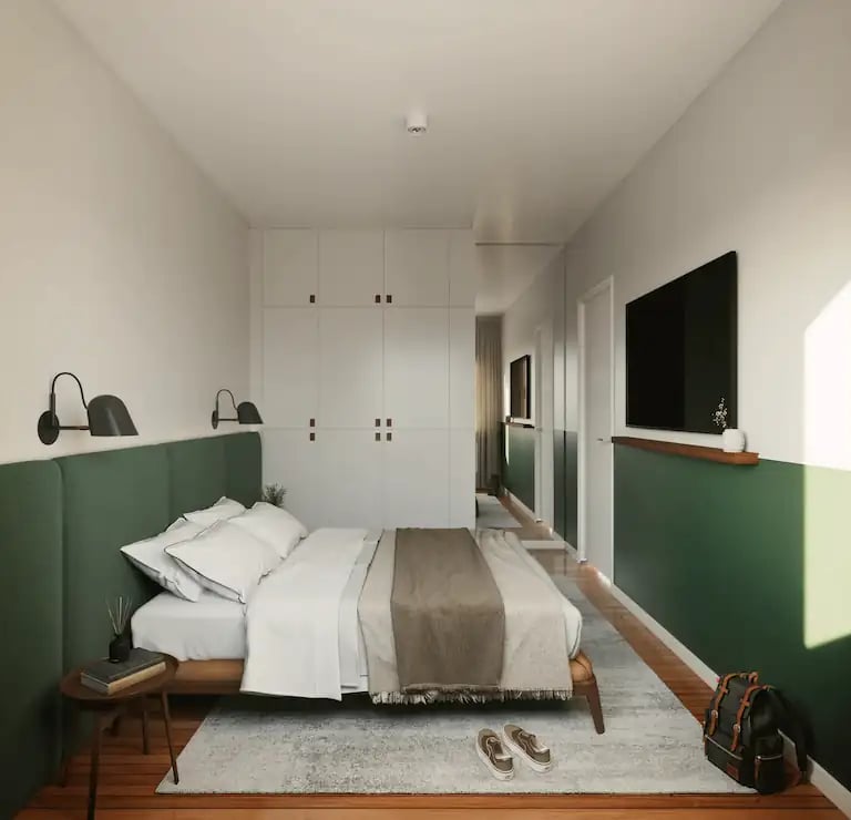Diseño Interior de dormitorio. Colores Neutros. Diseño moderno y contemporaneo