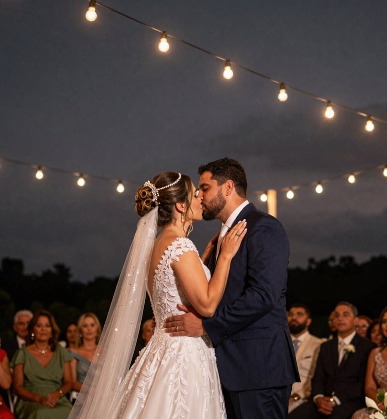 A cinematic and emotional candid shot of a Brazilian wedding ceremony at dusk. String lights twinkle in the background against a dark gray sky. Professional photography, artistic focus, deep black and warm light tones.