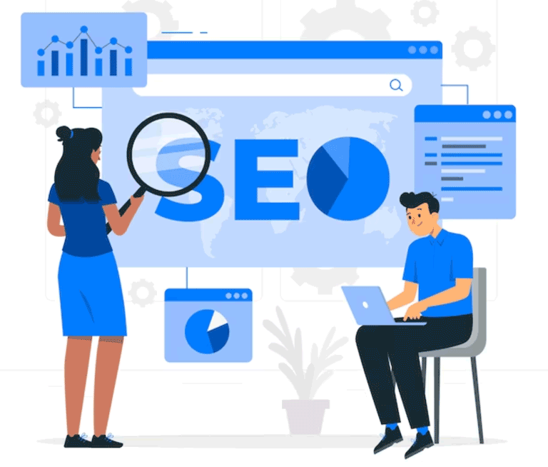 a woman and man looking at a website page on a website