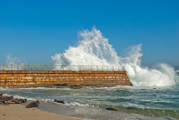 water splashing on seawall