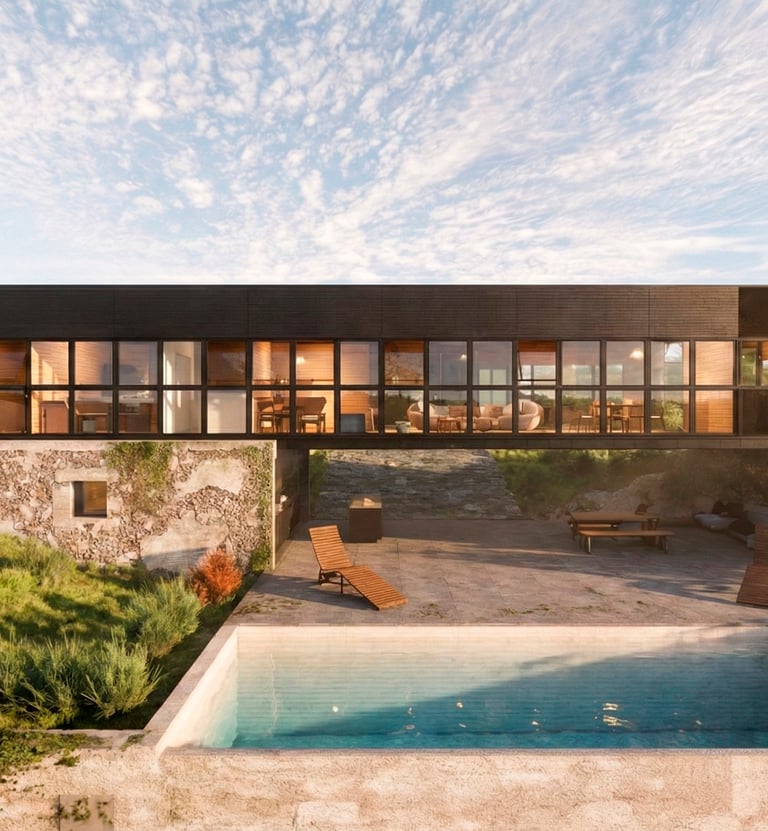 Vista exterior de pileta, galería, quincho y casa moderna. Casa integrada a la naturaleza. Arquitectura con sentido. 