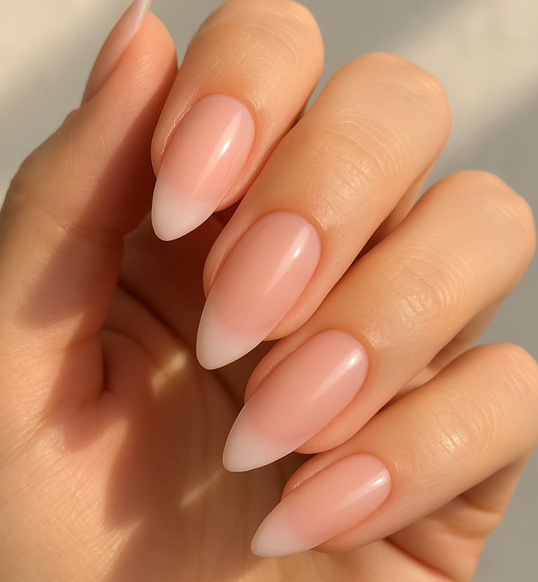almond-shaped nails, soft blush pink sheer base, barely-there pink ombré French tips