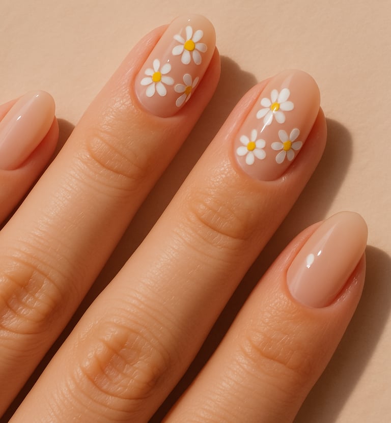 neutral beige base nails, tiny white and yellow daisies painted delicately across a few nails