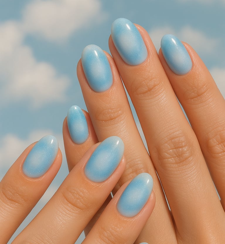 round nails featuring sky blue and white gradient aura nail design, subtle shimmer, soft clouds