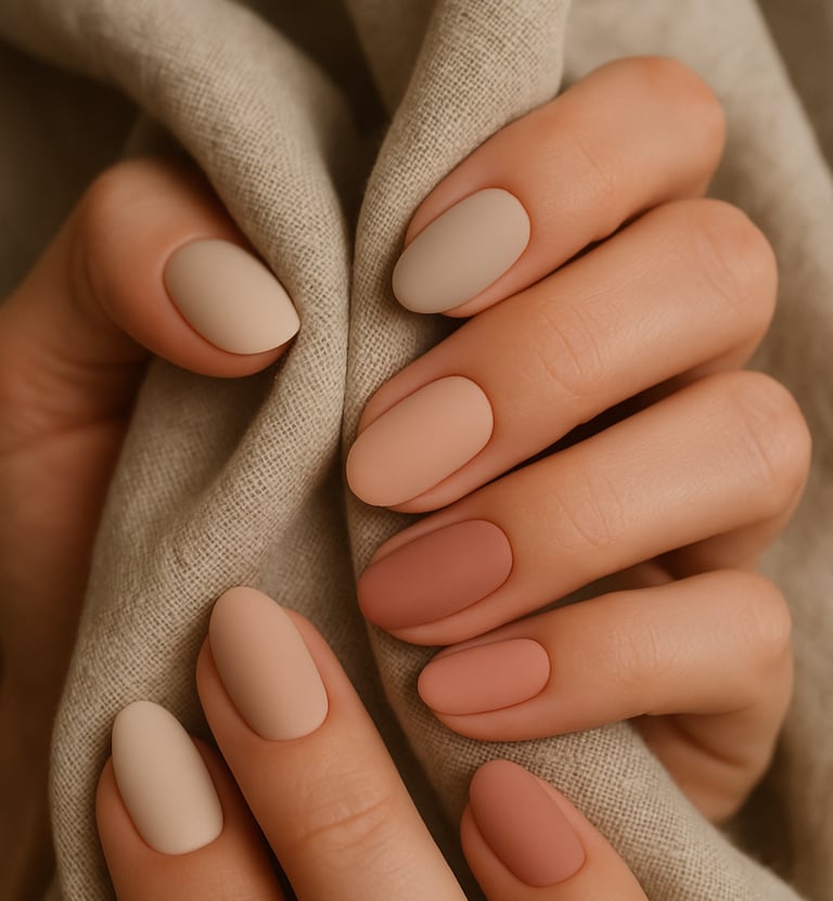 oval nails, each nail painted in varying nude and blush tones, matte finish, holding a neutral-toned