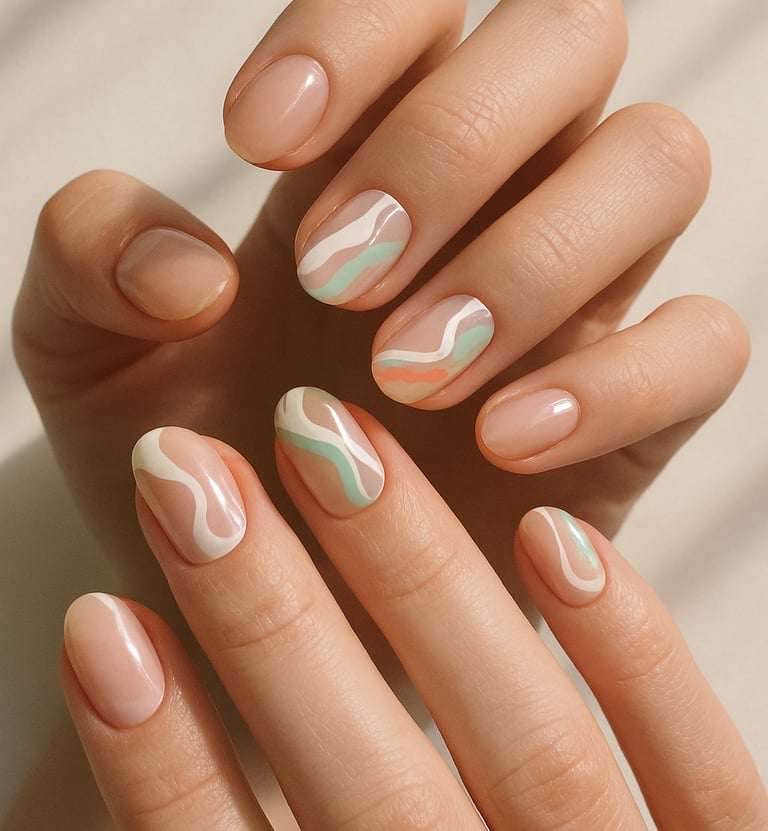 clear base nails, abstract white and pastel waves painted across a few nails, artsy vibe