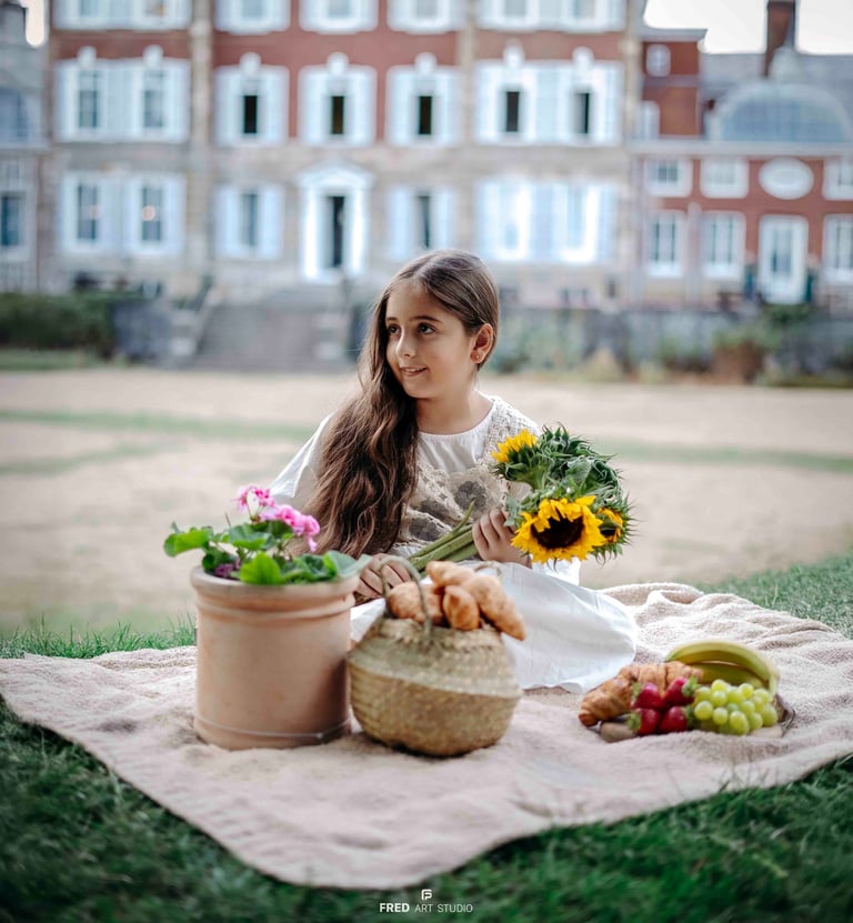 Little girl with sunflowers during picnic – Fred Art Studio kids photoshoot