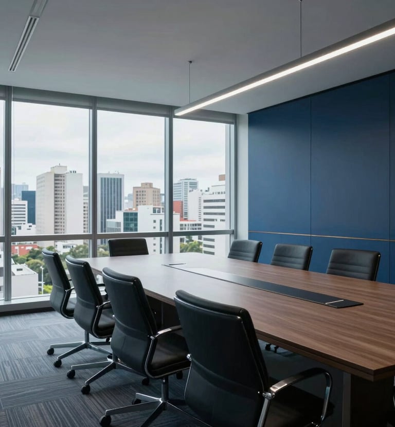 A wide-angle photograph of a sleek conference room in a South American / Brazilian metropolis, with large windows showing a cityscape. The interior uses a professional palette of pale blue-grey and dark navy blue.