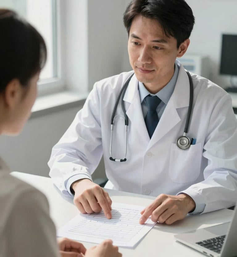 Close environmental frame, natural north-facing daylight, a doctor and patient seated at a consultation desk in a clean clinical room, the physician pointing calmly at a printed treatment timeline on the desk, the patient's hands resting on the document — genuine attention, no staged smiling, warm diffused light from a window to the left