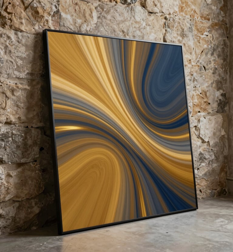 A high-resolution photograph of a modern Northern European / Welsh / British studio space where a digital screen displays vibrant abstract patterns in rich ochre gold and muted slate blue, leaning against a weathered stone wall.