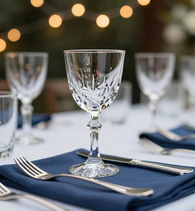 Macro shot of fine crystal glasses on a wedding table with slate blue napkins and silver cutlery, bokeh background of fairy lights, exclusive event styling.