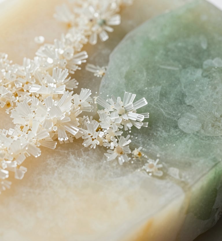 Macro shot of a cured resin surface with unique crystalline textures in Soft Cream and Sage Green. Pristine and modern lighting.