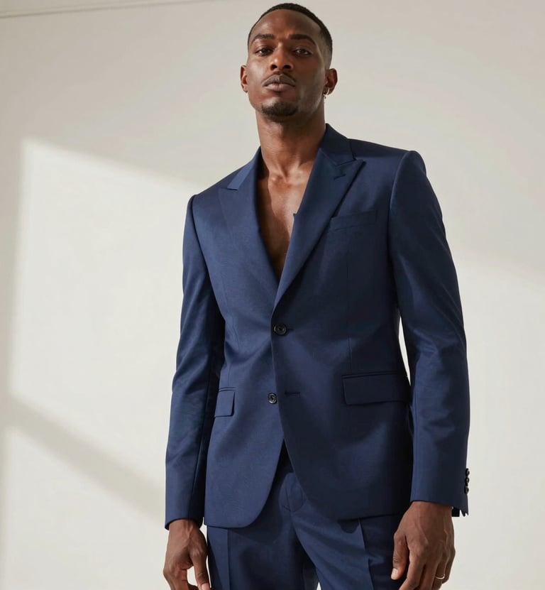 A high-fashion photography shot in a North American / US urban studio. The composition shows Alahji DáQuan from a low angle, wearing a sharp, tailored navy blue suit with architectural shoulders. The lighting is sophisticated and directional, creating highlights in light blue and deep navy shadows. The background is a clean, off-white minimalist wall.