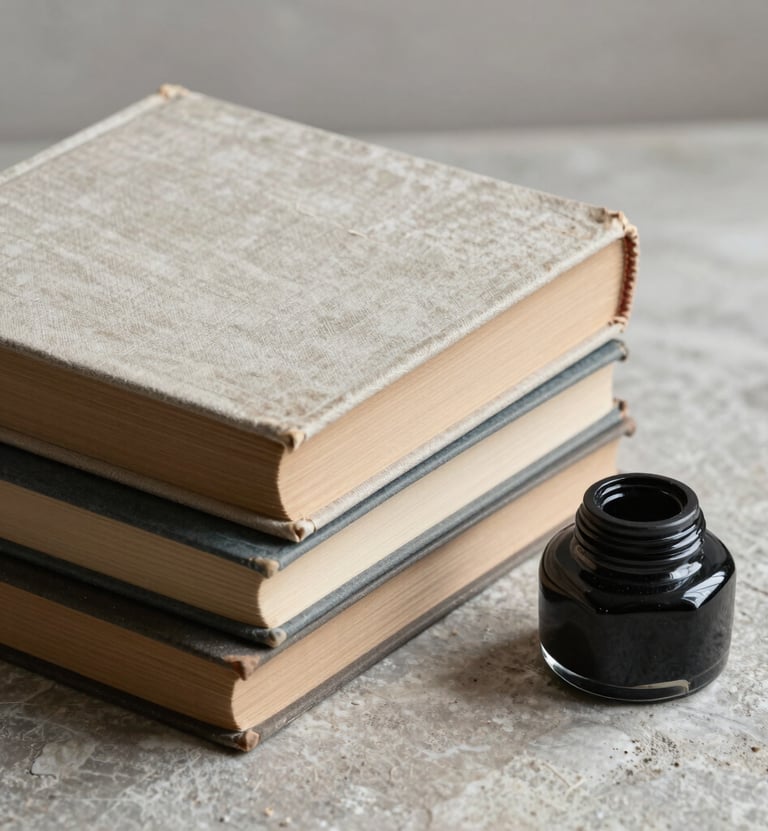 A still life photograph of a stack of books with weathered linen covers next to a ceramic inkwell on a stone surface. Elegant and introspective mood. Palette colors include cream, charcoal, and tan. International / Western setting.