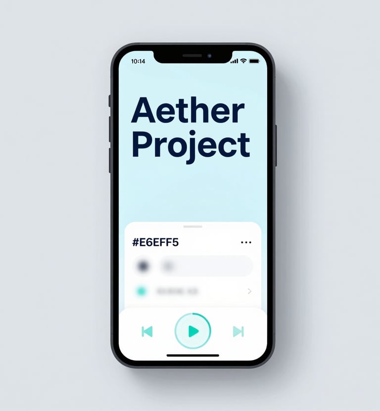 A mobile app mockup from the Aether project displayed on a minimalist smartphone. The UI is clean, bold, and modern, using #0A1118 for text and #E6EFF5 for the interface background.