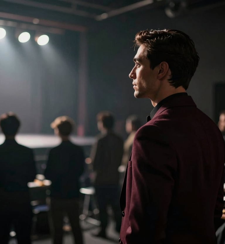 A cinematic, moody image of the tenor backstage, looking out from the wings towards the stage lights. Soft focus, elegant silhouettes, palette of charcoal gray and deep burgundy. Storytelling and intimate.