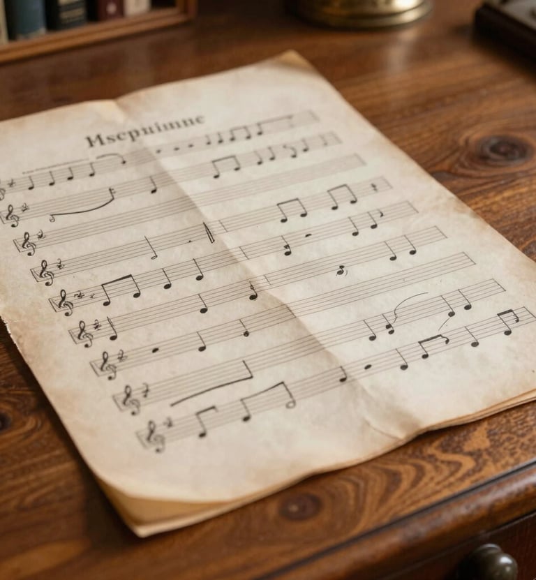 A close-up photograph of an antique, yellowed music manuscript by a Spanish composer, resting on a refined wooden desk. The lighting is soft and warm, highlighting the ink strokes. Palette of soft off-white and muted stone brown. Professional Southern European / Spanish cultural archive setting.
