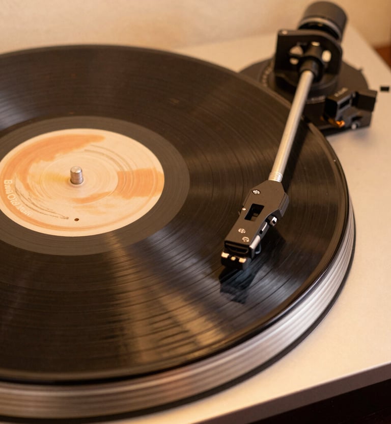 An artistic shot of a vinyl record player spinning a disc. The lighting creates a warm glow in burnt sienna and soft cream, emphasizing the analog and organic nature of the music.