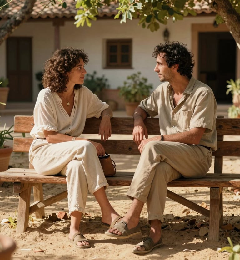 A lifestyle shot of two people sharing a quiet conversation on a rustic wooden bench in a sun-drenched Spanish garden. The lighting is warm and cinematic, highlighting natural textures and authentic emotions with sand and terracotta tones in their attire.