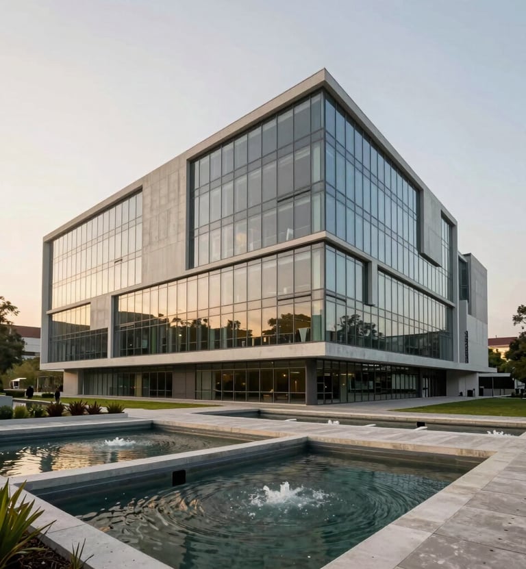 The Living Lab NBS at Tec de Monterrey. Modern educational building integrated with nature-based water filtration systems. Sleek glass and concrete reflecting a soft cream sky.