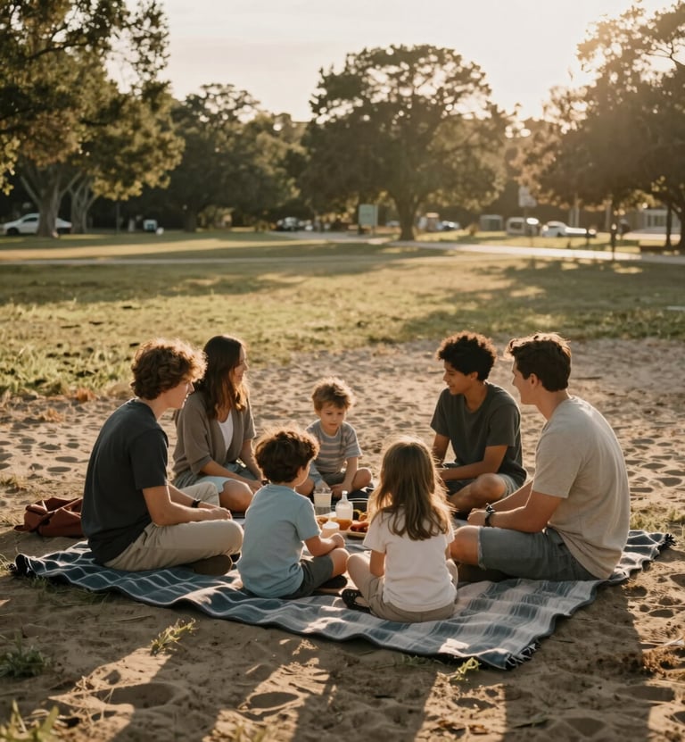 A wide-angle lifestyle shot of a family picnic at a North American / US park during sunset. The composition is natural and storytelling-focused, with authentic interactions and warm, sun-drenched lighting. The color palette features charcoal blankets and soft sand sunbeams.