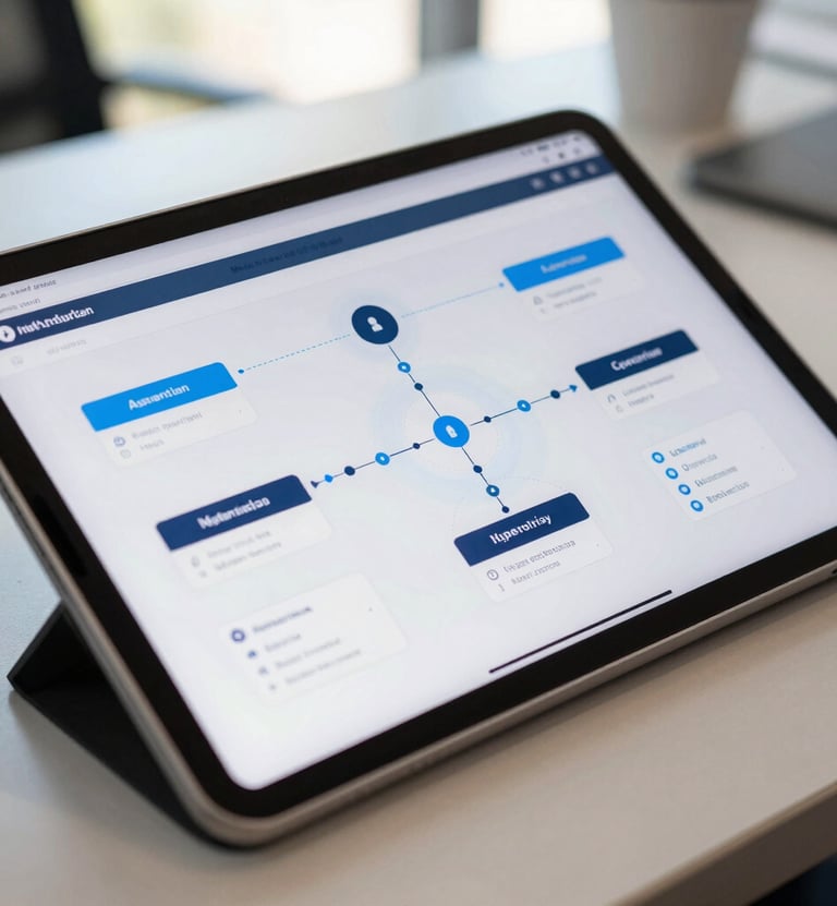 A close-up photograph of a professional tablet display in a bright North American office, showing a sophisticated user journey map with bright blue and navy accents, soft daylighting.