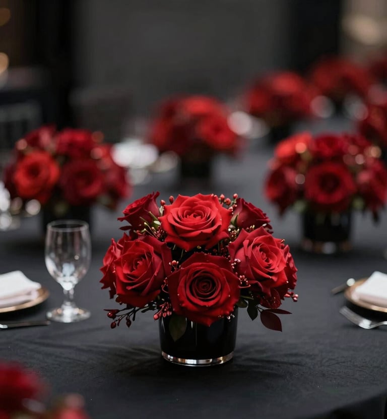 A detailed macro photograph of elegant red floral centerpieces on a polished black table at a luxury North American event. The focus is shallow, blurring the background into a series of soft vibrant red and dark gray bokeh circles, maintaining a minimalist aesthetic.