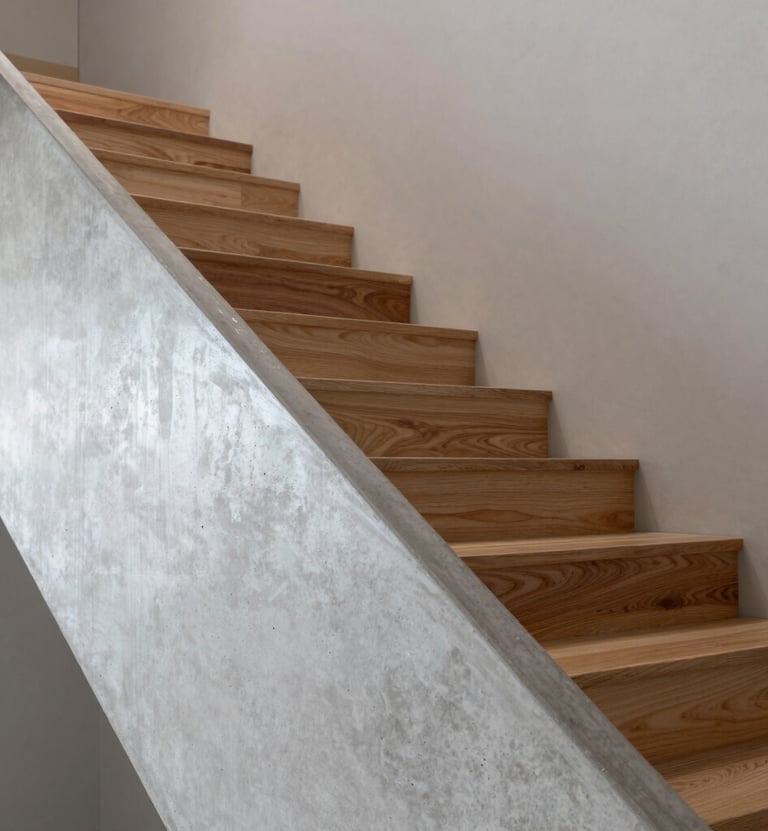 Detail of an interior staircase combining concrete and wood. Neutral palette of light silver gray and warm timber. Sophisticated composition with sharp focus on the materials.