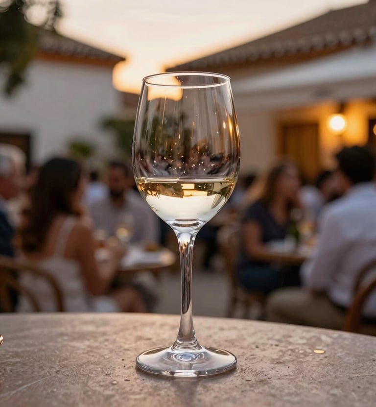 Escena de un evento nocturno en un patio español, enfoque nítido en una copa de cristal en primer plano con invitados difuminados al fondo, luz dorada de atardecer, atmósfera premium.