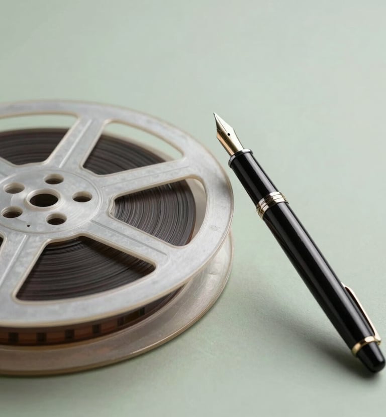 An artistic shot of a film reel and a fountain pen, symbolizing the union of literature and cinema, set in a South American / Brazilian studio with Soft Sage and Pearl Mist tones.