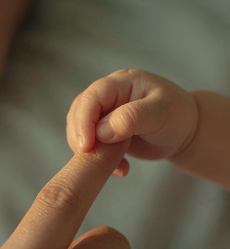 A detailed shot of a baby's hand grasping a mother's finger. Cinematic lighting with warm, golden highlights. The background is a soft, blurred #F8F0E3 fabric. Intimate and authentic lifestyle photography.