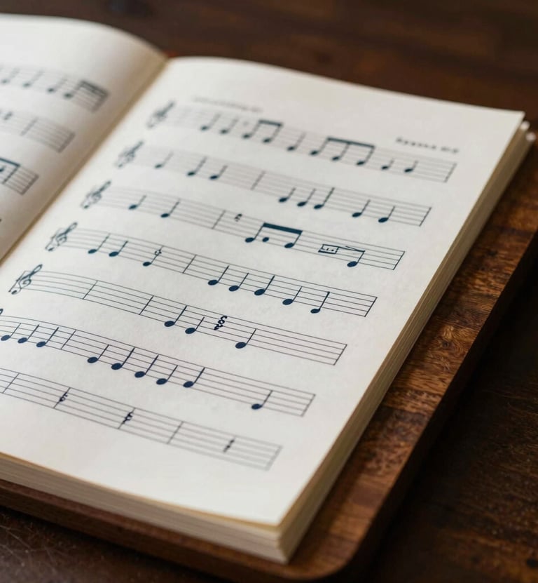 A refined close-up of a classical musical score for a soprano aria, resting on a polished dark wood stand. Soft, warm lighting highlighting the textures of the paper. Palette includes #F5F0EC and #2B2D42.