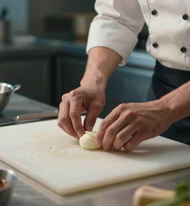 A close-up shot of professional food styling for a lifestyle video, featuring a chef's hands in a modern Brazilian kitchen. The lighting is crisp and cinematic, emphasizing textures with a palette of muted blue and off-white tones.
