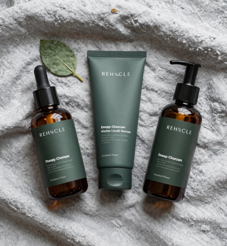 A flat lay of skincare essentials on a Soft Silver Mist linen cloth. A single green leaf adds a touch of Muted Sage, while the Deep Charcoal Green product labels provide a sharp, modern contrast.